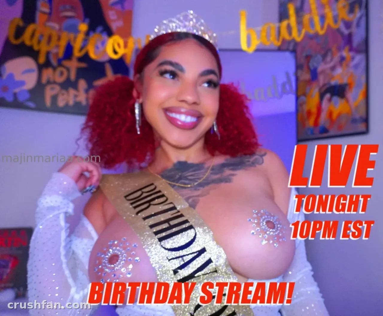 Mariaa Skyy in a tiara and birthday sash with red text overlay for a live stream.