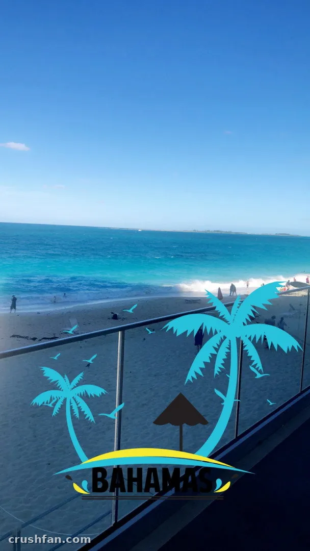 Bright turquoise sea and blue sky seen from a balcony railing with palm tree graphics.