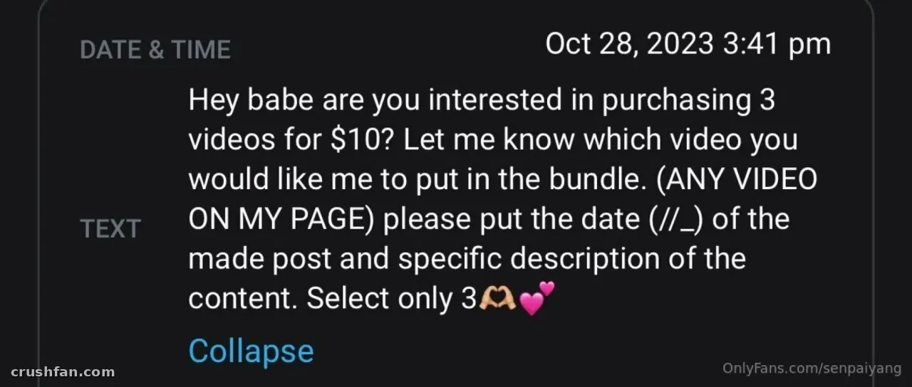 Screenshot of a text message from Senpaiyang offering a video bundle deal.