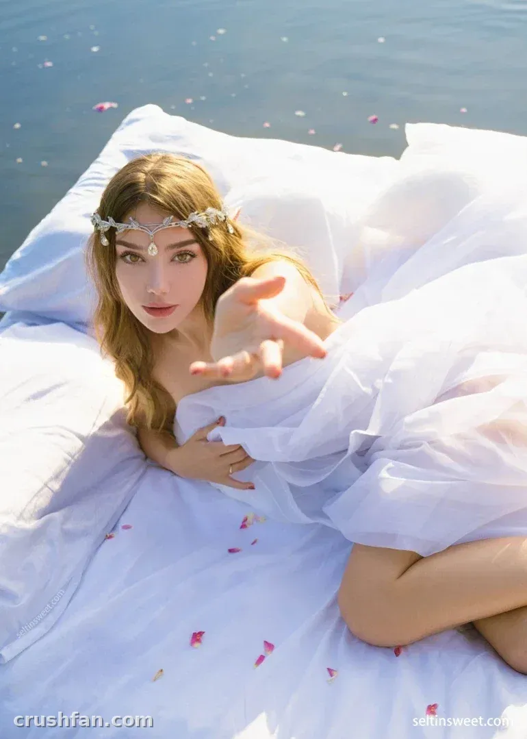 Seltin in a white dress and headpiece reclining on white fabric over water with scattered petals