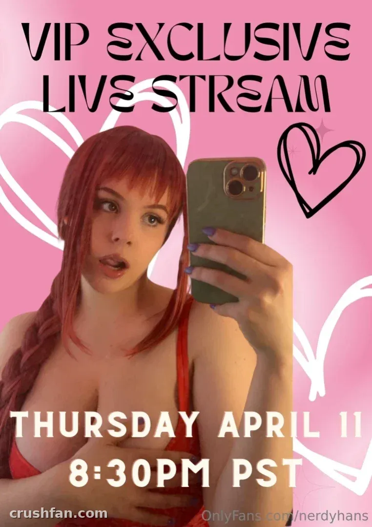 Hannah in a red top holding a phone in front of a pink background with white hearts and event text