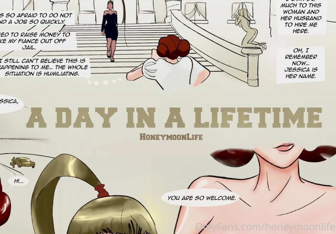 Comicseite von Nude Honeymoon, die eine Frau auf einer Treppe und zwei Figuren im Vordergrund zeigt.