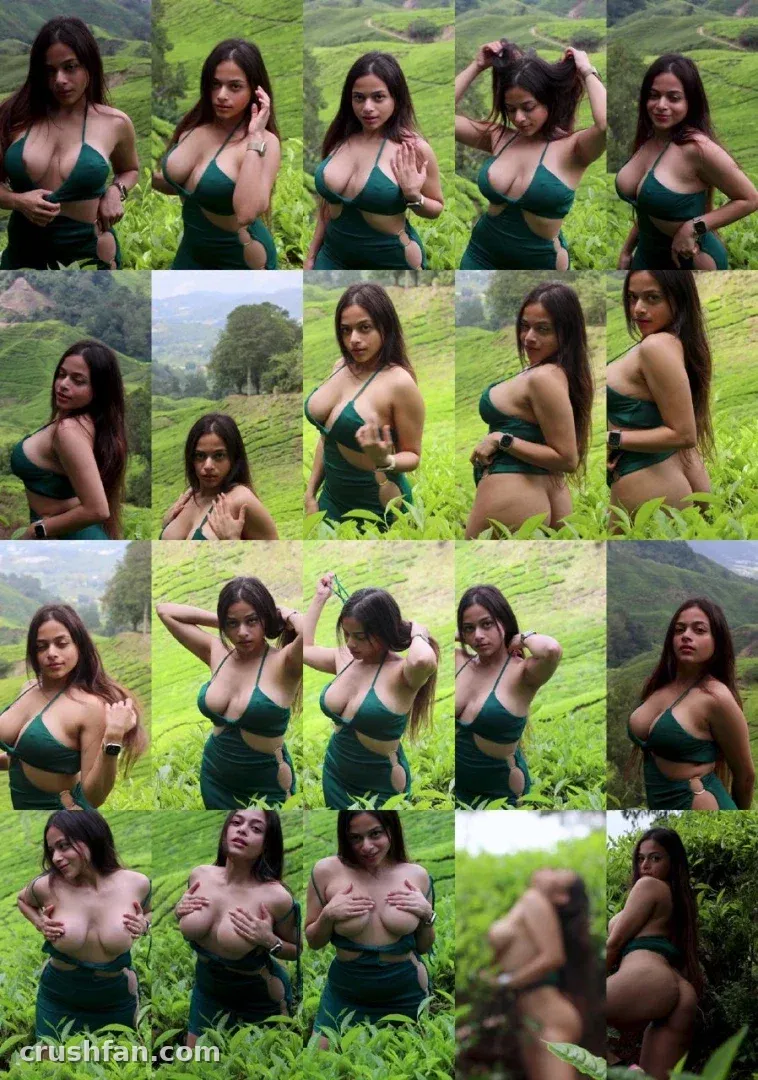 Collage of outdoor portraits of a woman in a green outfit among tea fields