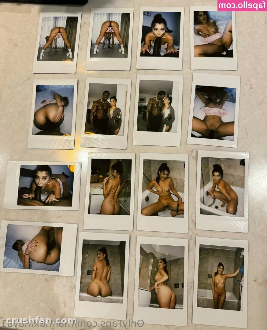 Instant photo prints of Marina Maya arranged in rows on a pale surface.