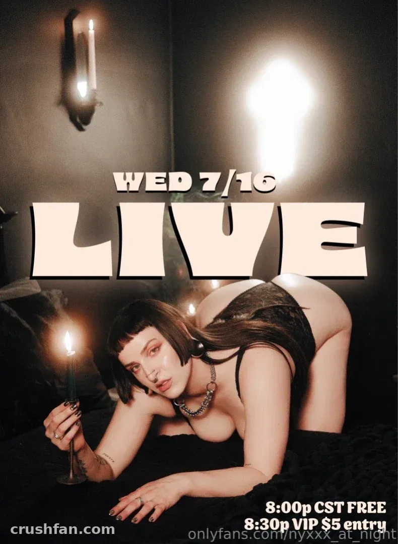 Nyx reclines by candlelight in a dark room with live event text overlay