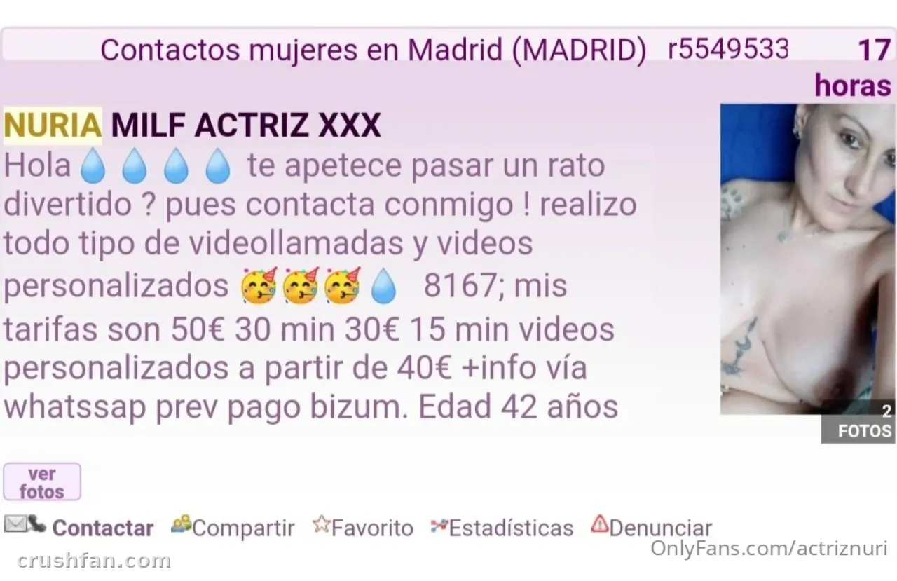Screenshot of a classified listing with a small portrait of Actriz Nuria against a blue background