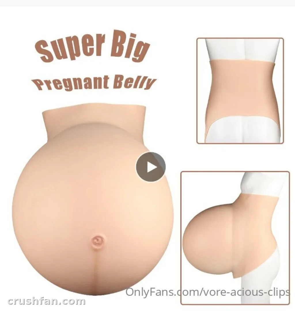Product graphic showing a large skin-toned silicone belly prop from front, back and side views