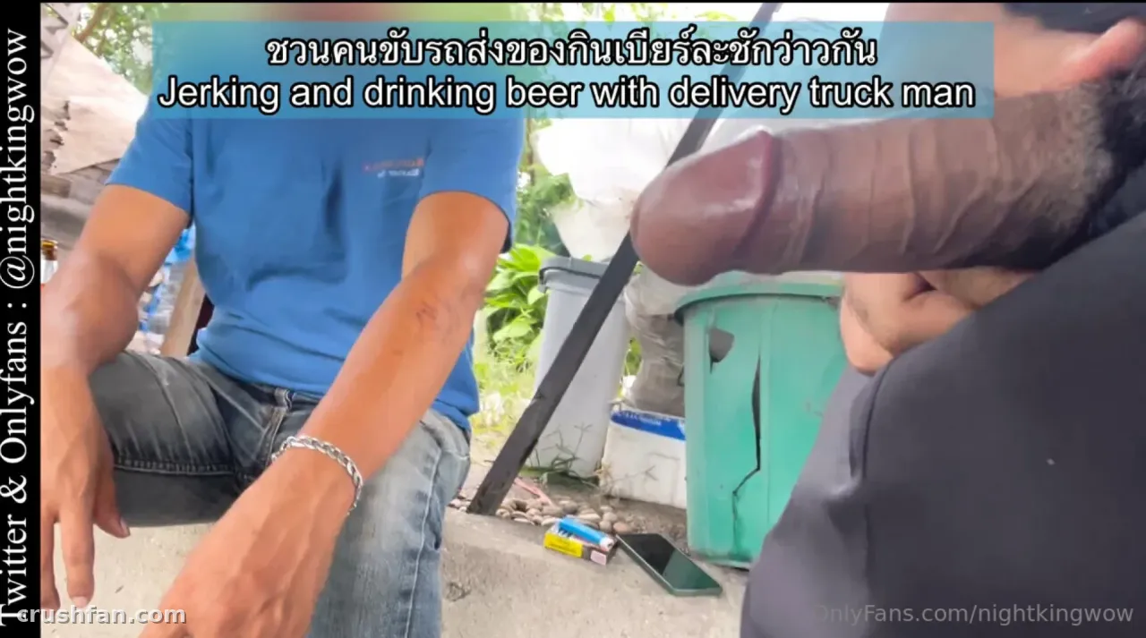 NightKingWow outdoors beside a seated man in a blue polo shirt, daylight scene
