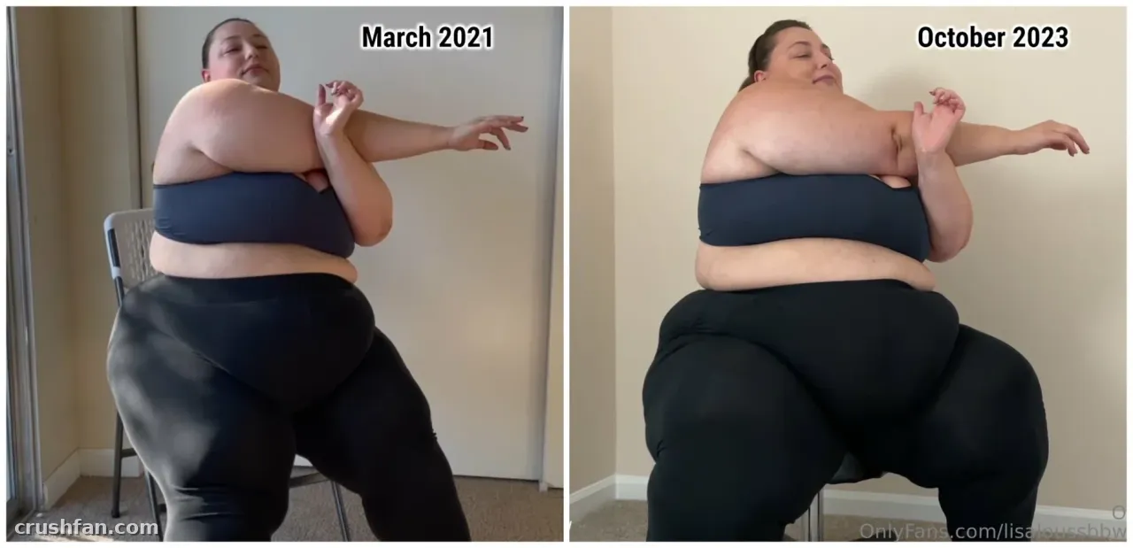 LisaLou in a side-by-side comparison, seated indoors in a dark blue crop top and black trousers.