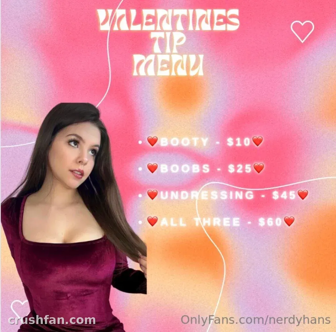 Hannah in a burgundy velvet top against a pink gradient background with a Valentine tip menu graphic.
