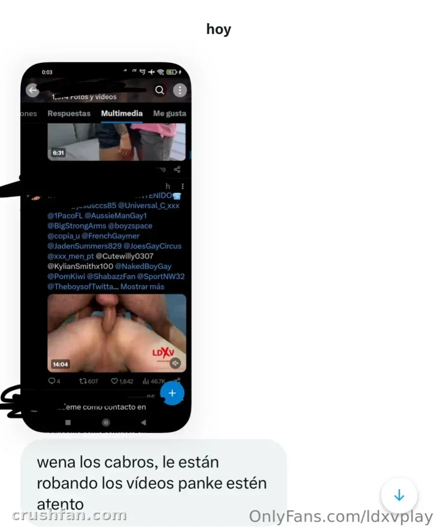 Screenshot of a phone showing a video gallery and a short chat message