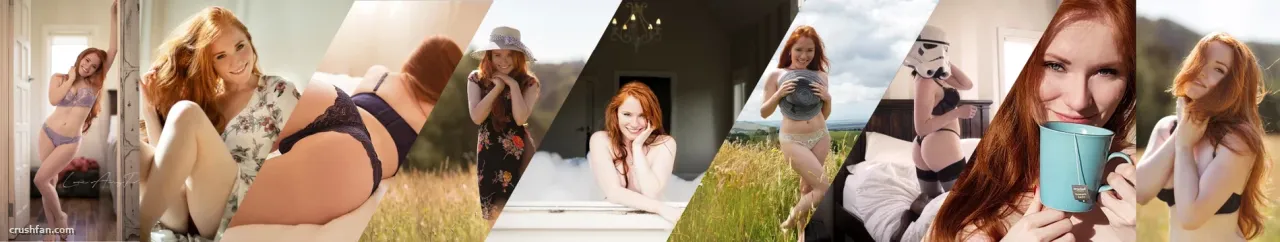 Collage of a red-haired woman in lingerie, a floral dress and casual outdoor scenes