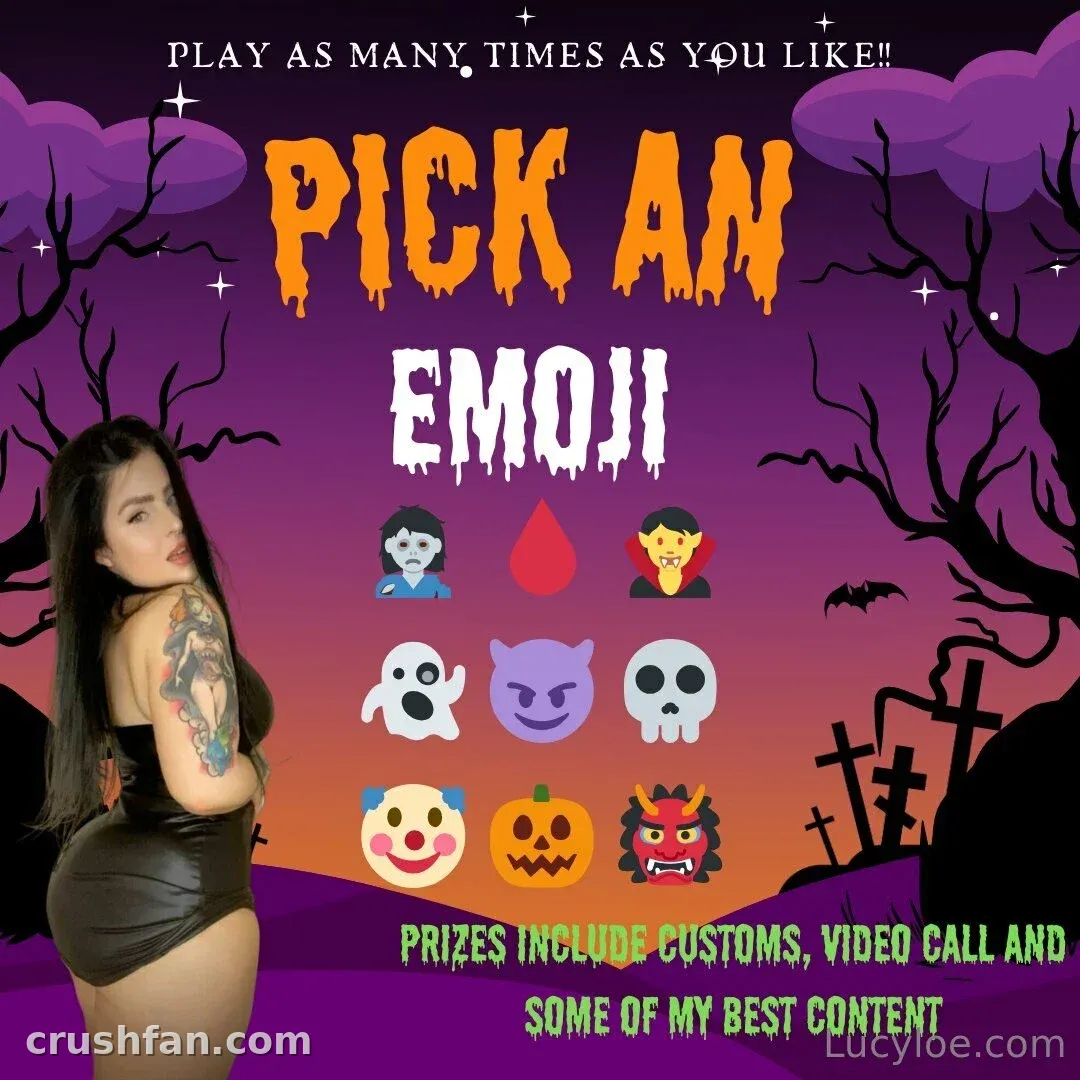 Hail Lucy posa junto a un gráfico morado de un juego de emojis de Halloween con murciélagos y lápidas.