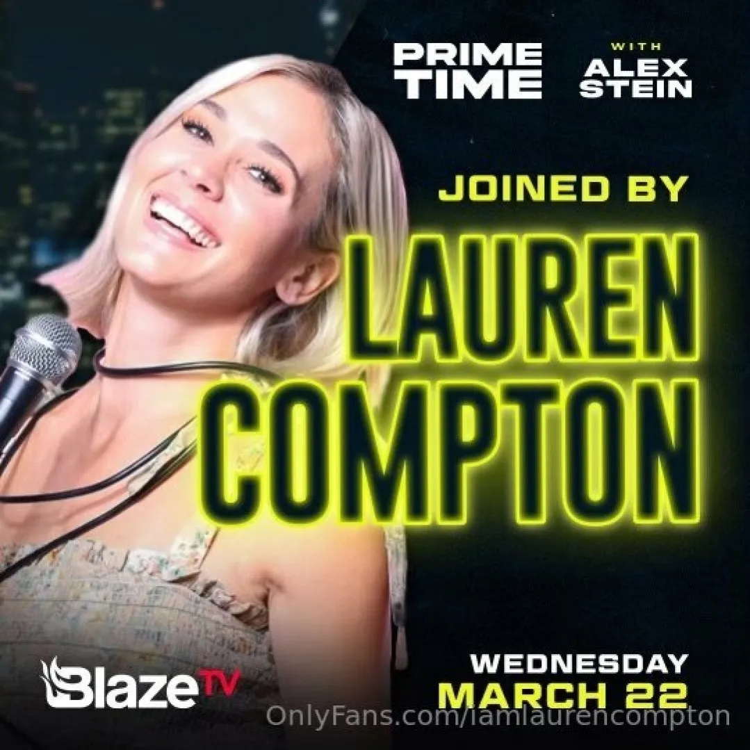Lauren Compton smiling with a microphone in a neon-lit promotional graphic