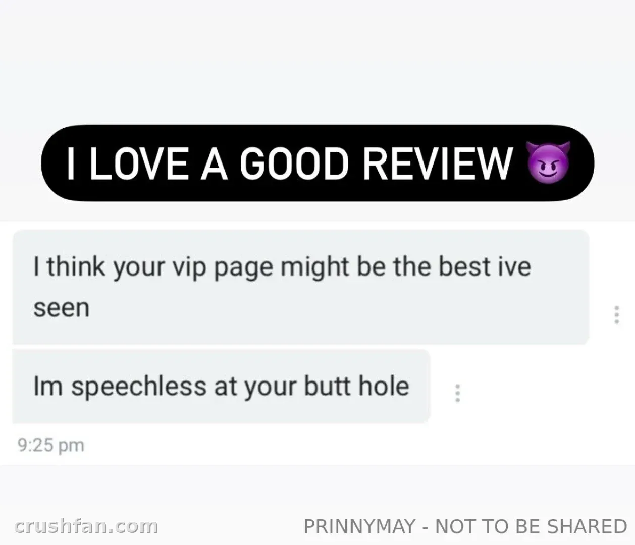 Capture d'écran d'un message de fan louant la page VIP de Prinny May avec un emoji diable violet.