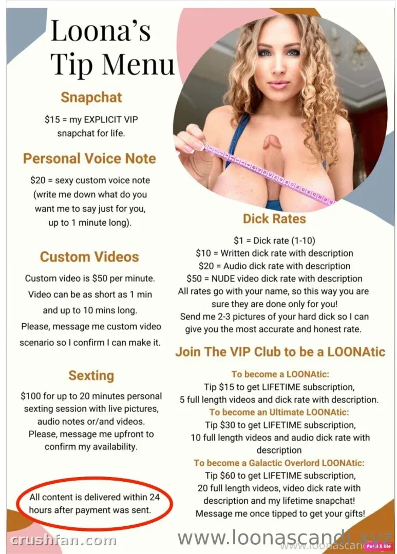 Loona Sex Therapist in a circular portrait beside a tip menu listing her services and prices
