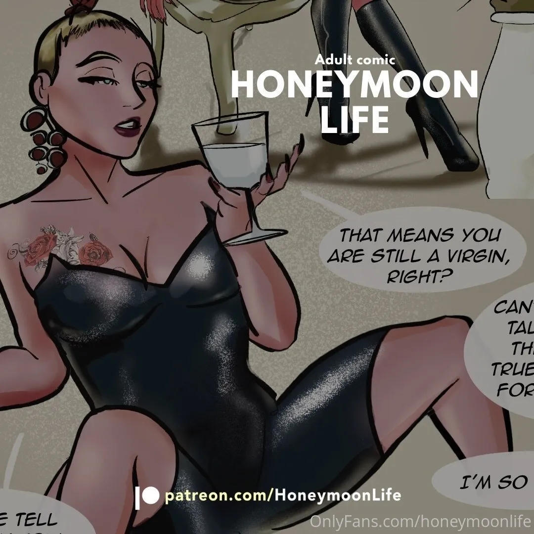 Viñeta cómica ilustrada de Nude Honeymoon con un vestido negro sosteniendo una bebida con bocadillos de diálogo.