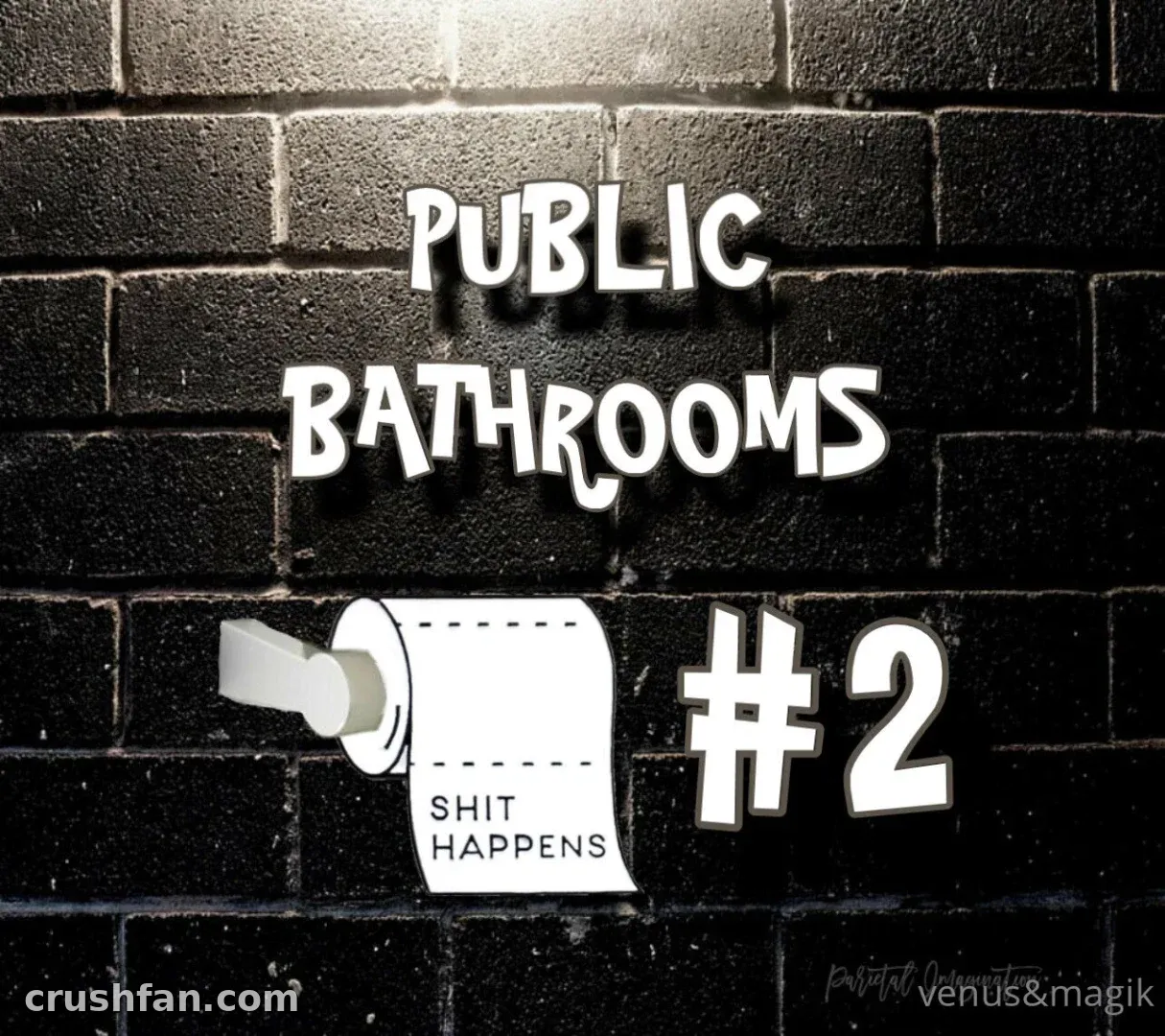 Graphic of a brick wall with white text and a toilet paper roll illustration.
